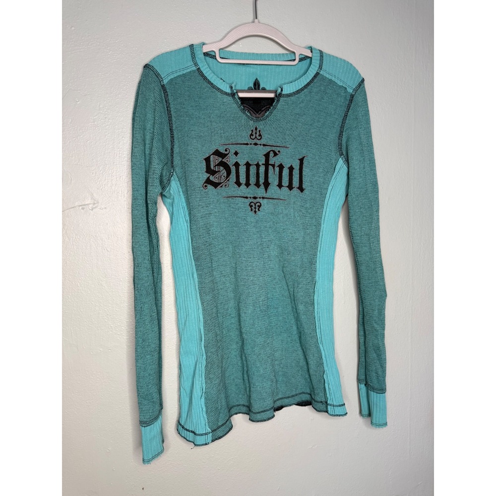Sinful by Affliction Y2K Thermal Reversible Glitter Heart Turquoise & black top - Picture 3 of 16